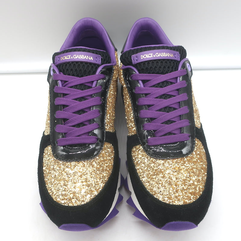 Dolce &amp; Gabbana Capri Gold Glitter Running Sneakers Black Suede Size 37 NEW
