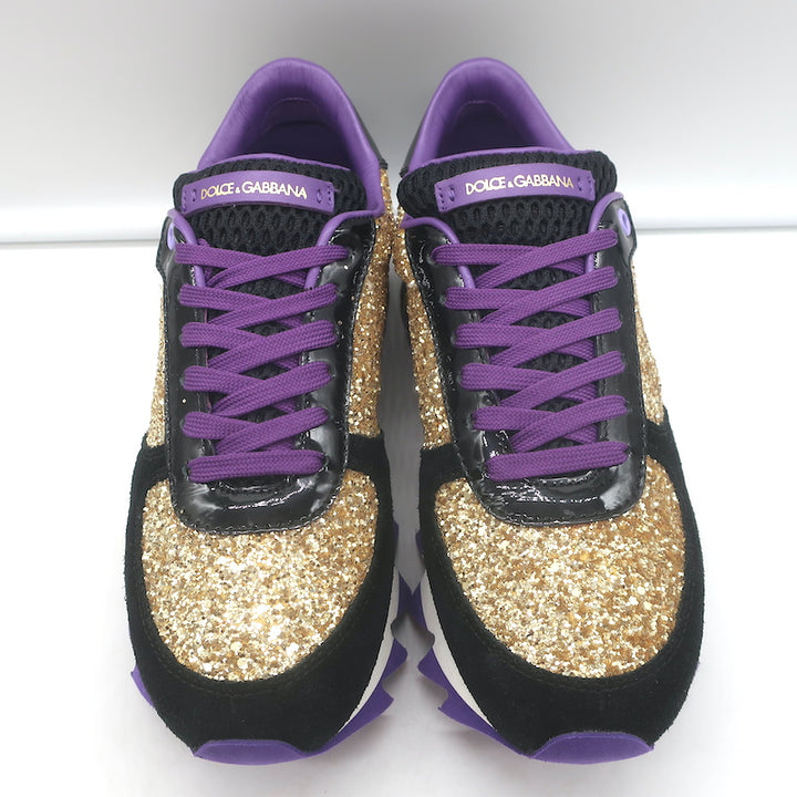 Dolce &amp; Gabbana Capri Gold Glitter Running Sneakers Black Suede Size 37 NEW