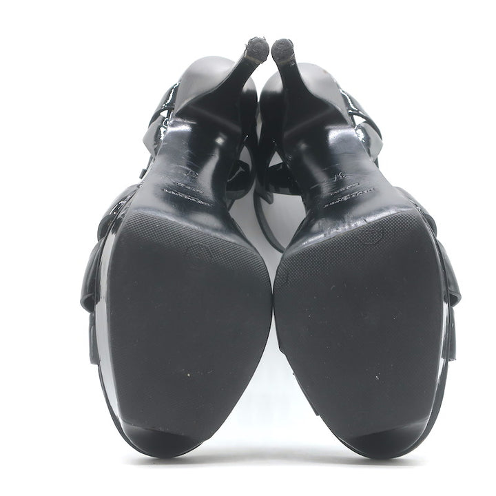 Saint Laurent Tribute 105 Platform T-Strap Sandals Black Patent Leather Size 37