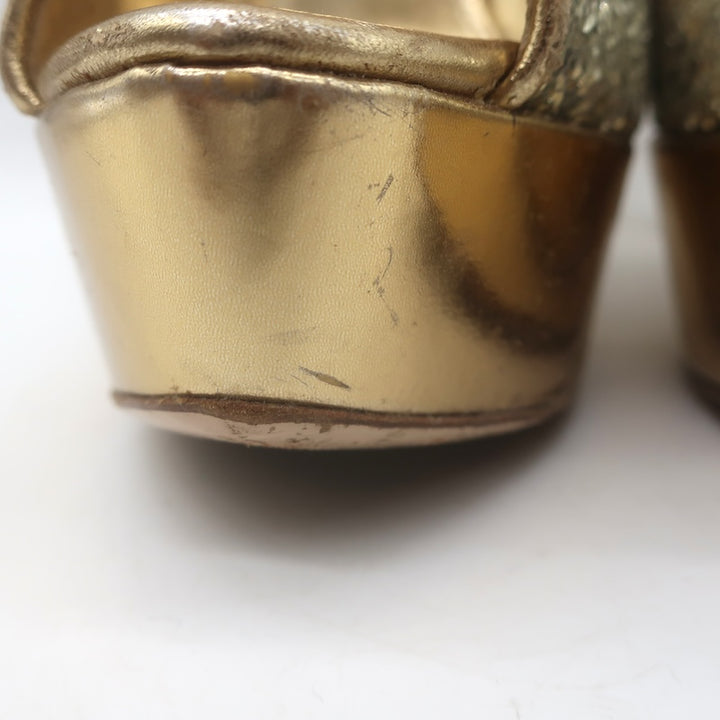 Miu Miu Glitter Platform Peep Toe Pumps Silver &amp; Gold Metallic Leather Size 36.5