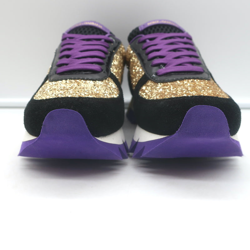 Dolce &amp; Gabbana Capri Gold Glitter Running Sneakers Black Suede Size 37 NEW