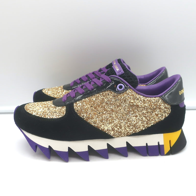 Dolce &amp; Gabbana Capri Gold Glitter Running Sneakers Black Suede Size 37 NEW