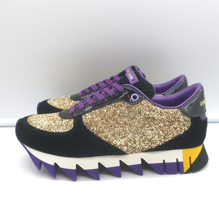 Dolce &amp; Gabbana Capri Gold Glitter Running Sneakers Black Suede Size 37 NEW