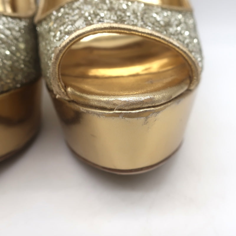 Miu Miu Glitter Platform Peep Toe Pumps Silver &amp; Gold Metallic Leather Size 36.5