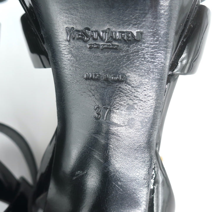 Saint Laurent Tribute 105 Platform T-Strap Sandals Black Patent Leather Size 37