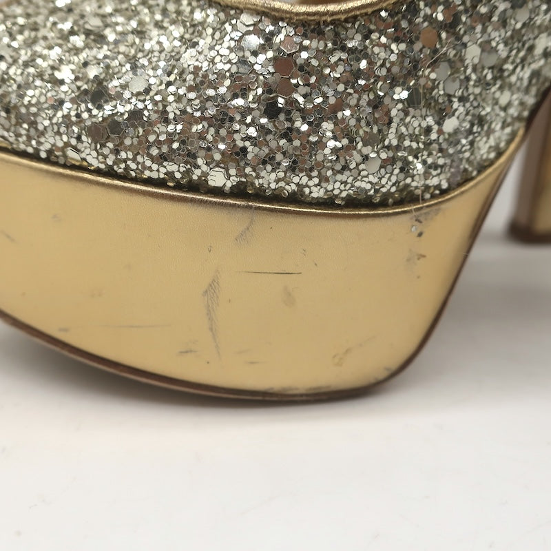 Miu Miu Glitter Platform Peep Toe Pumps Silver &amp; Gold Metallic Leather Size 36.5