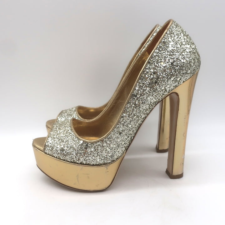 Miu Miu Glitter Platform Peep Toe Pumps Silver &amp; Gold Metallic Leather Size 36.5
