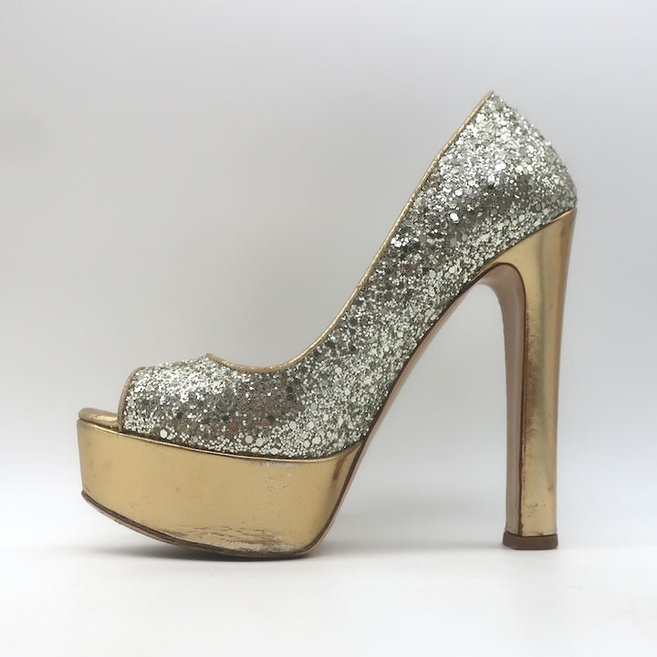 Miu Miu Glitter Platform Peep Toe Pumps Silver &amp; Gold Metallic Leather Size 36.5