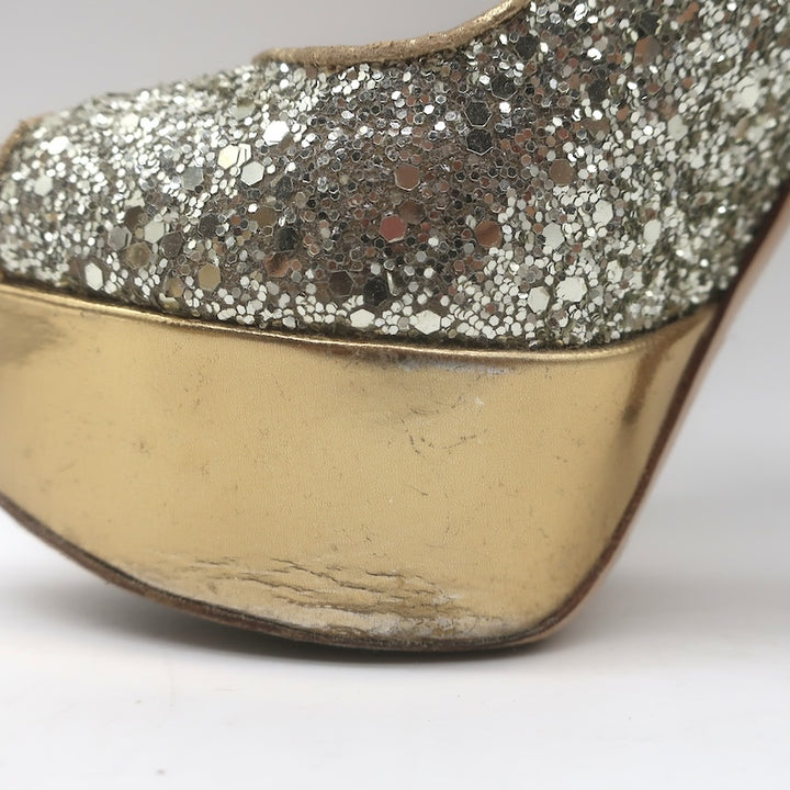 Miu Miu Glitter Platform Peep Toe Pumps Silver &amp; Gold Metallic Leather Size 36.5
