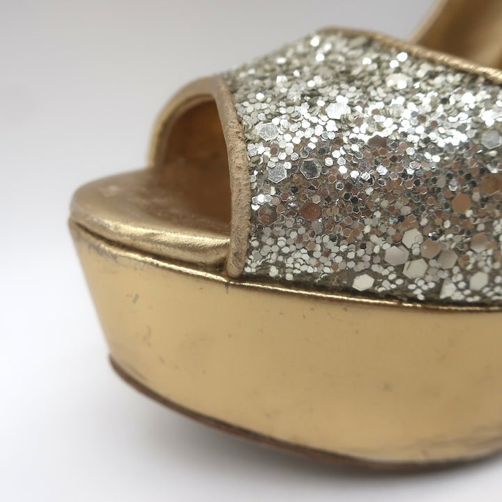 Miu Miu Glitter Platform Peep Toe Pumps Silver &amp; Gold Metallic Leather Size 36.5