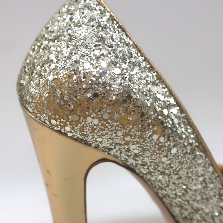 Miu Miu Glitter Platform Peep Toe Pumps Silver &amp; Gold Metallic Leather Size 36.5