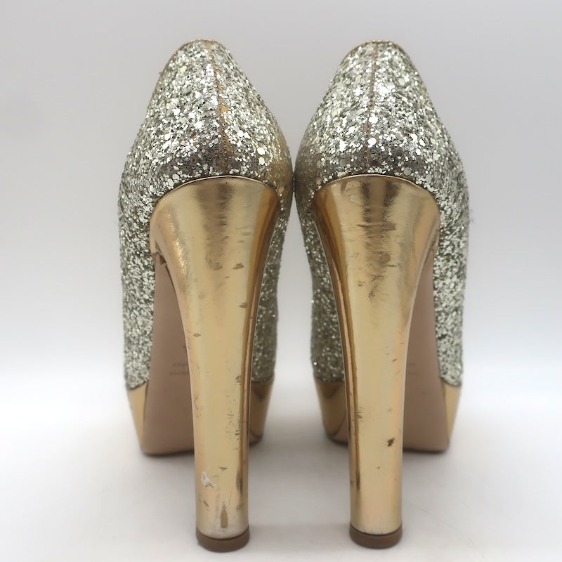 Miu Miu Glitter Platform Peep Toe Pumps Silver &amp; Gold Metallic Leather Size 36.5