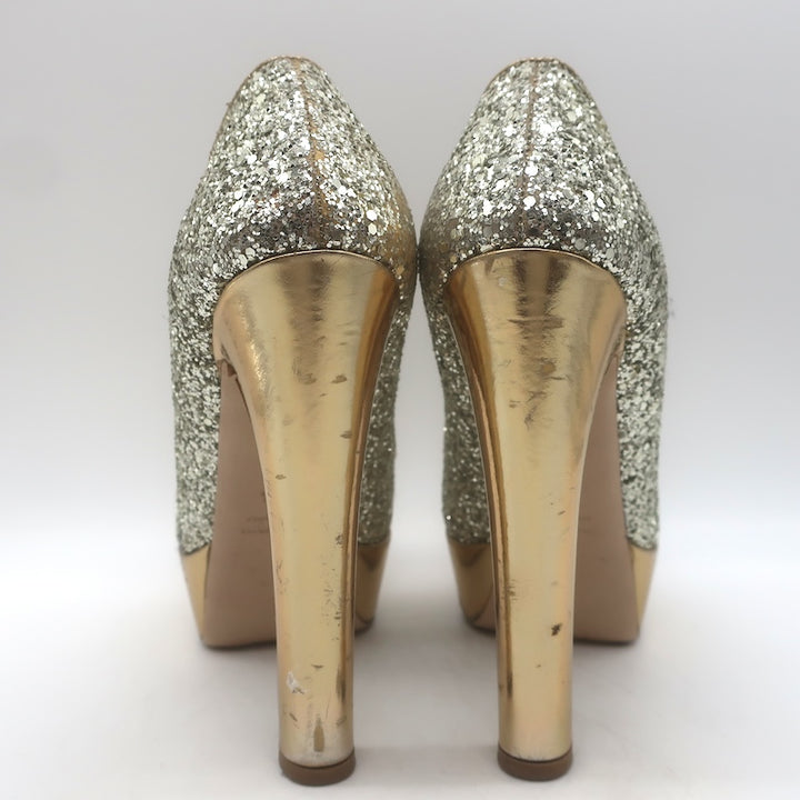 Miu Miu Glitter Platform Peep Toe Pumps Silver &amp; Gold Metallic Leather Size 36.5
