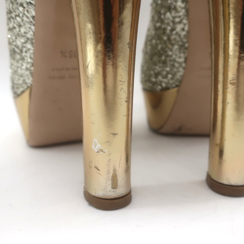Miu Miu Glitter Platform Peep Toe Pumps Silver &amp; Gold Metallic Leather Size 36.5