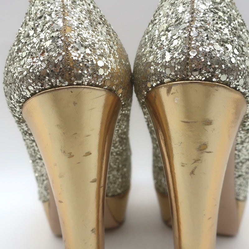 Miu Miu Glitter Platform Peep Toe Pumps Silver &amp; Gold Metallic Leather Size 36.5