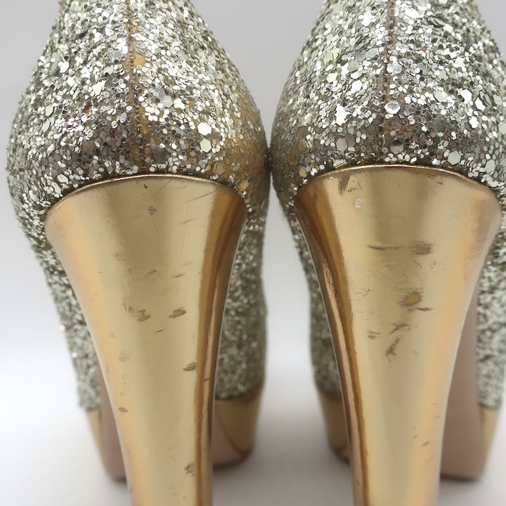 Miu Miu Glitter Platform Peep Toe Pumps Silver &amp; Gold Metallic Leather Size 36.5