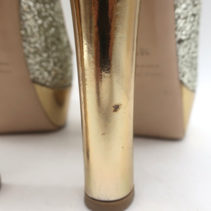 Miu Miu Glitter Platform Peep Toe Pumps Silver &amp; Gold Metallic Leather Size 36.5