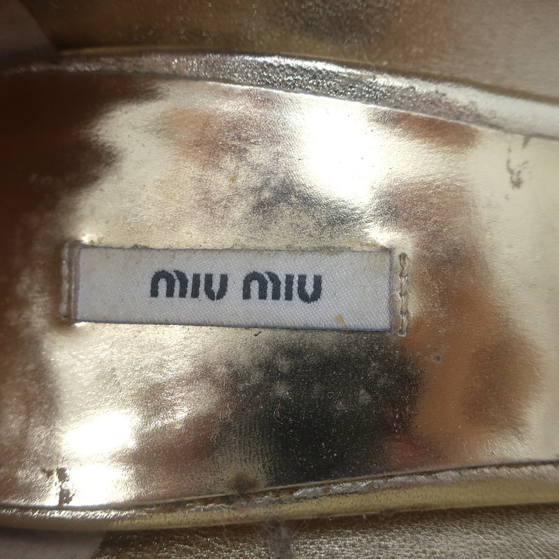 Miu Miu Glitter Platform Peep Toe Pumps Silver &amp; Gold Metallic Leather Size 36.5