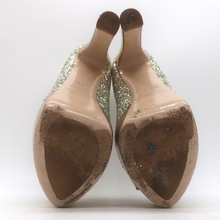 Miu Miu Glitter Platform Peep Toe Pumps Silver &amp; Gold Metallic Leather Size 36.5