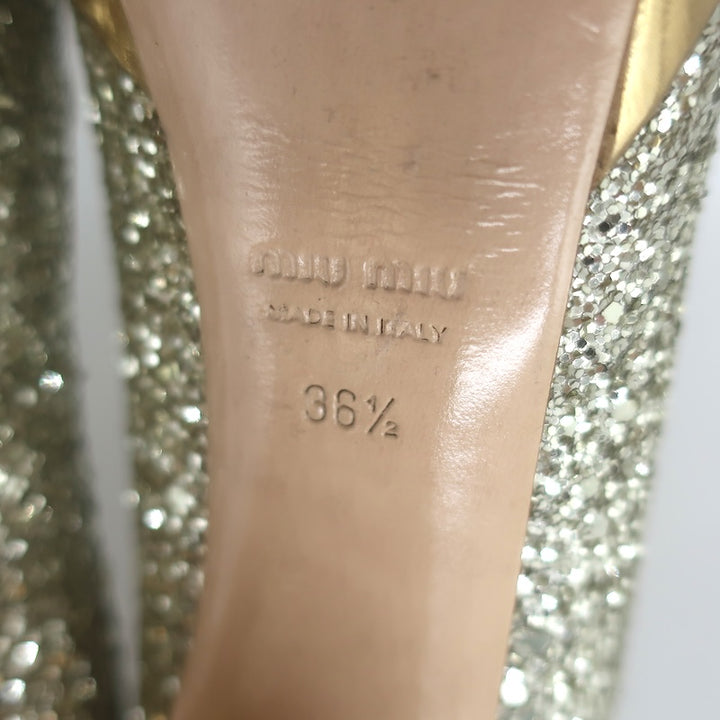 Miu Miu Glitter Platform Peep Toe Pumps Silver &amp; Gold Metallic Leather Size 36.5
