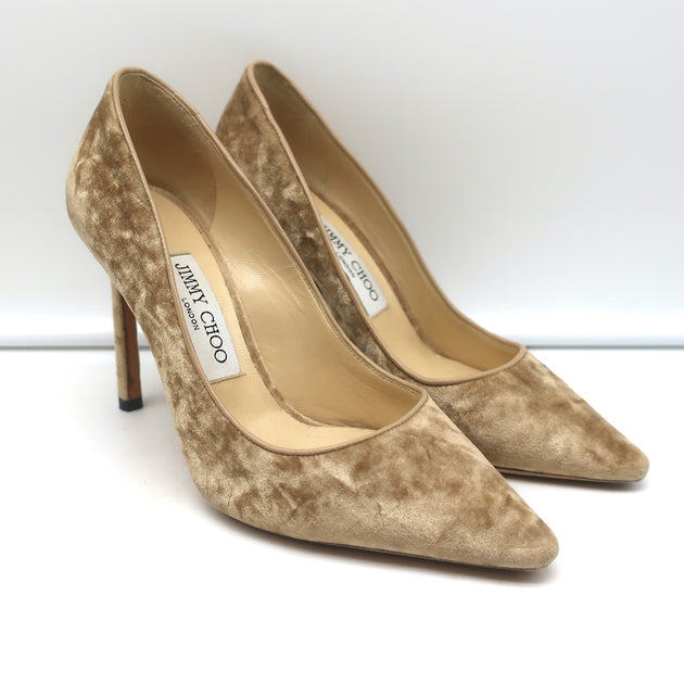 JIMMY CHOO ベージュ トゥノット ハイヒール36サイズ Jimmy Choo Romy 100 Crushed Velvet Pumps Nude Size 36 Pointed Toe
