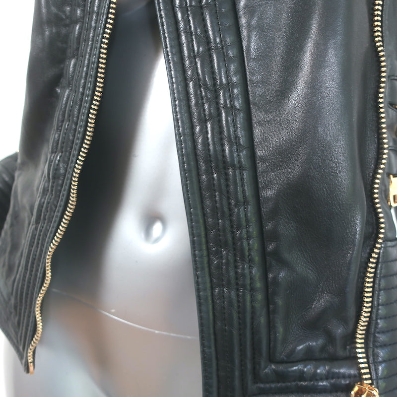 Balmain Multi-Pocket Leather Moto Jacket Black Quilted Leather Size 36