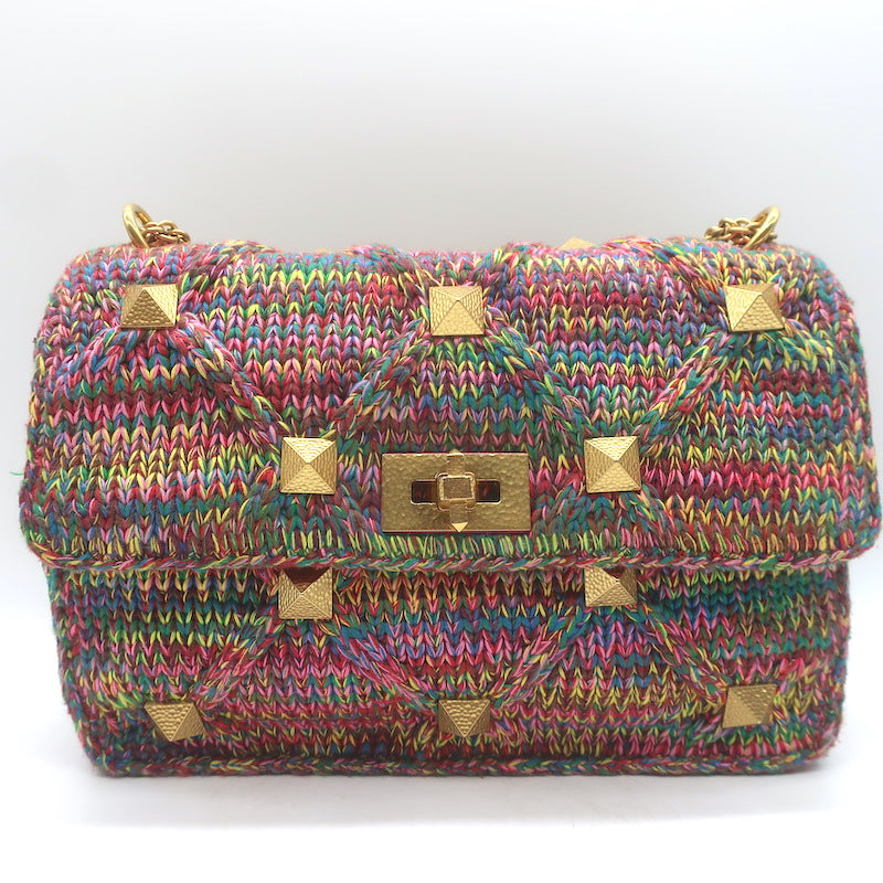 Valentino Roman Stud Rainbow Knit Chain Strap Shoulder Bag NEW