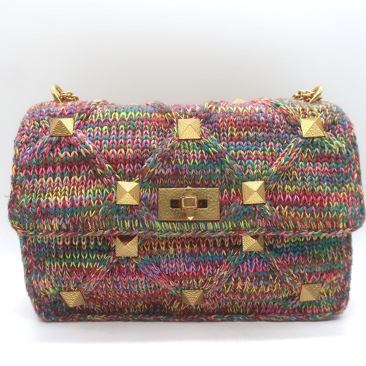 Valentino Roman Stud Rainbow Knit Chain Strap Shoulder Bag NEW