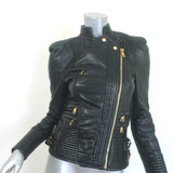 Balmain Multi-Pocket Leather Moto Jacket Black Quilted Leather Size 36