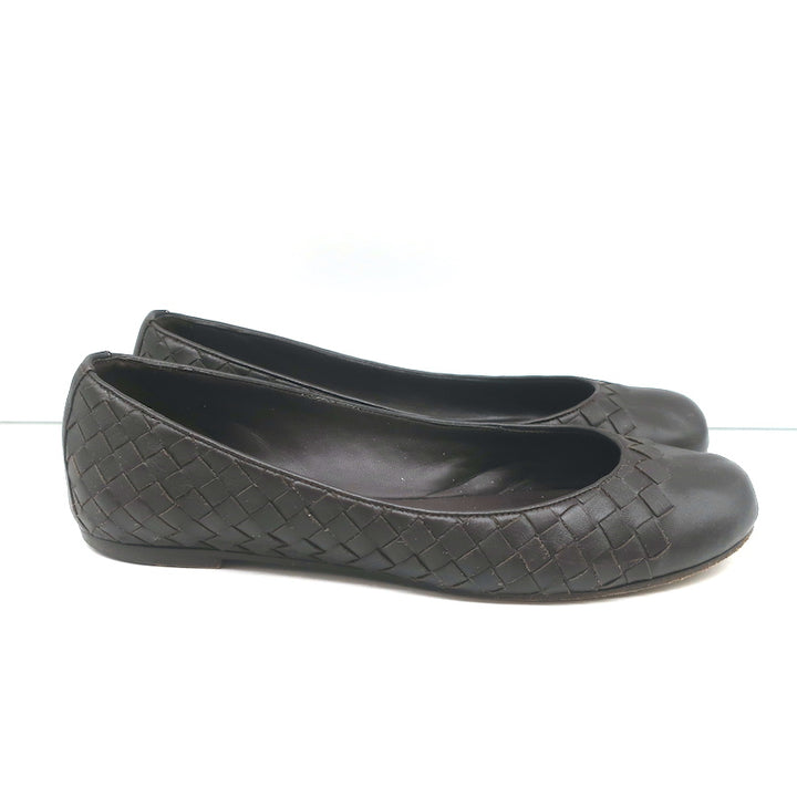 Bottega Veneta Intrecciato Leather Ballet Flats Dark Brown Size 38