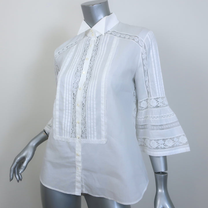 Roberto Cavalli Lace-Trimmed Bell Sleeve Shirt White Cotton Size 40