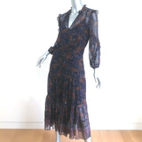 Veronica Beard Tiered Midi Dress Sabina Navy/Multi Paisley Print Chiffon Size 4