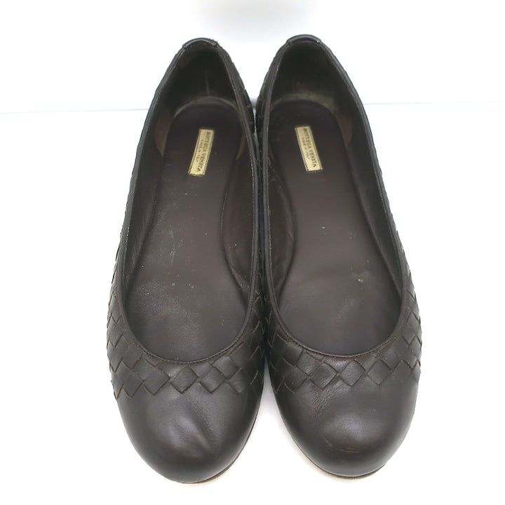 Bottega Veneta Intrecciato Leather Ballet Flats Dark Brown Size 38