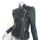 Balmain Multi-Pocket Leather Moto Jacket Black Quilted Leather Size 36