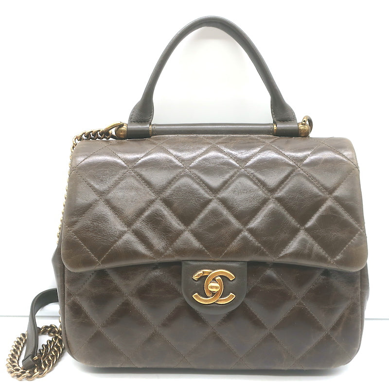 Chanel 2017 Gold Bar Top Handle Bag Dark Brown Quilted Leather Crossbody