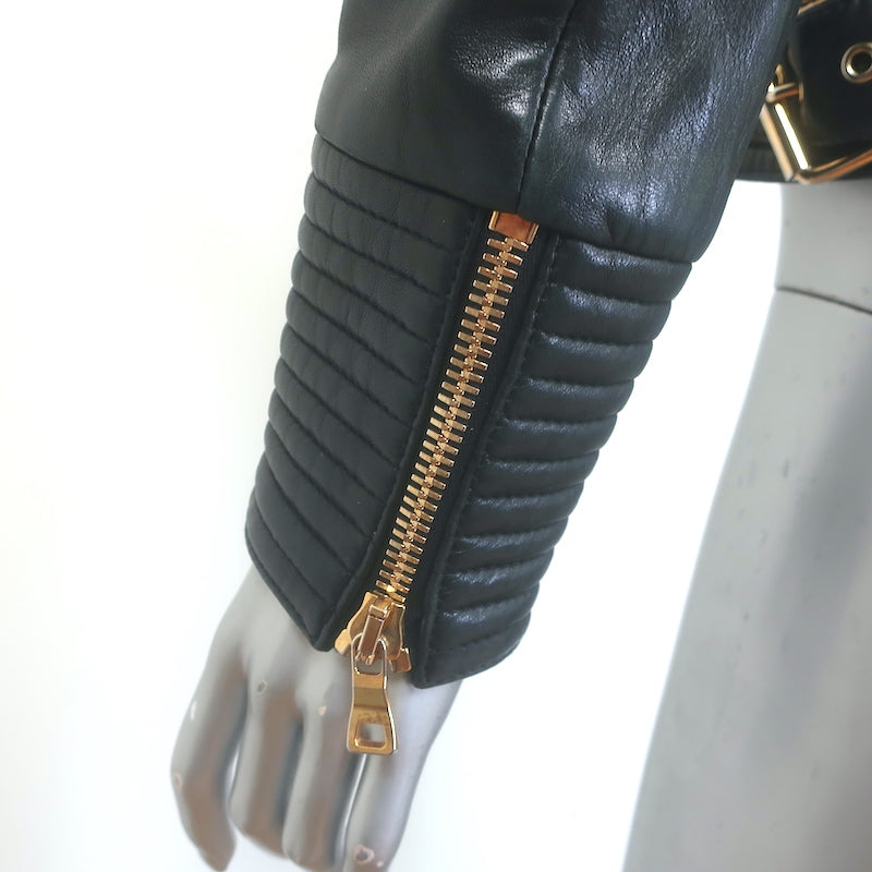 Balmain Multi-Pocket Leather Moto Jacket Black Quilted Leather Size 36