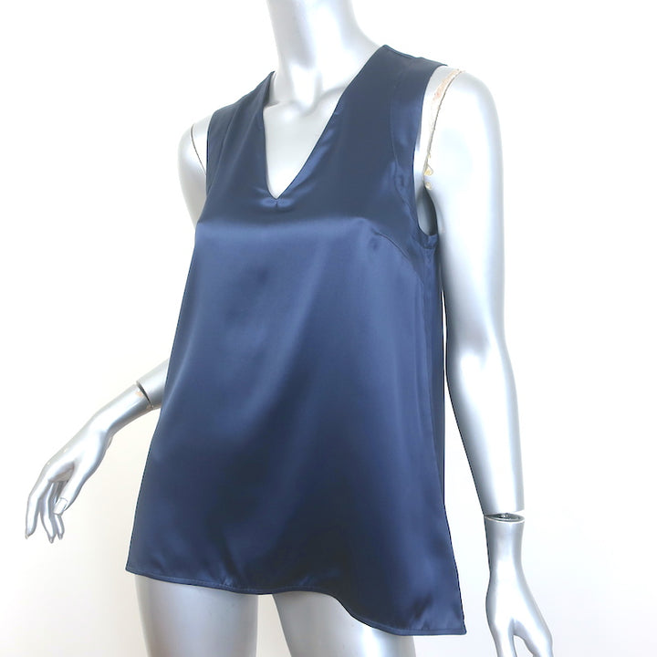 Brunello Cucinelli Stretch Silk Satin Tank Top Navy Size Medium V-Neck Blouse
