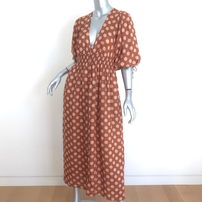 Zimmermann Primrose Puff Sleeve Midi Dress Brown/Pink Polka Dot Linen Size 1