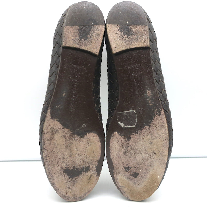 Bottega Veneta Intrecciato Leather Ballet Flats Dark Brown Size 38