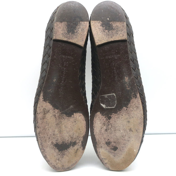 Bottega Veneta Intrecciato Leather Ballet Flats Dark Brown Size 38