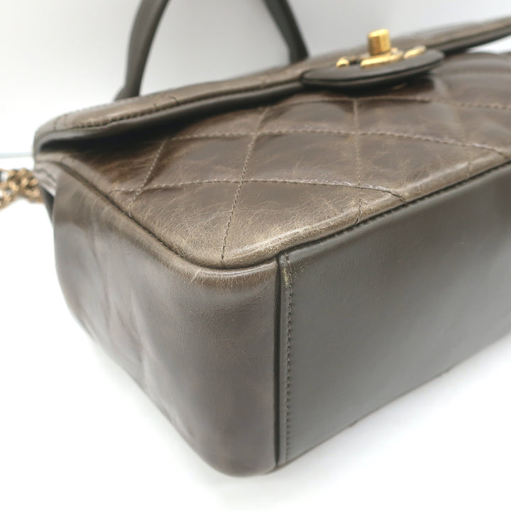 Chanel 2017 Gold Bar Top Handle Bag Dark Brown Quilted Leather Crossbody
