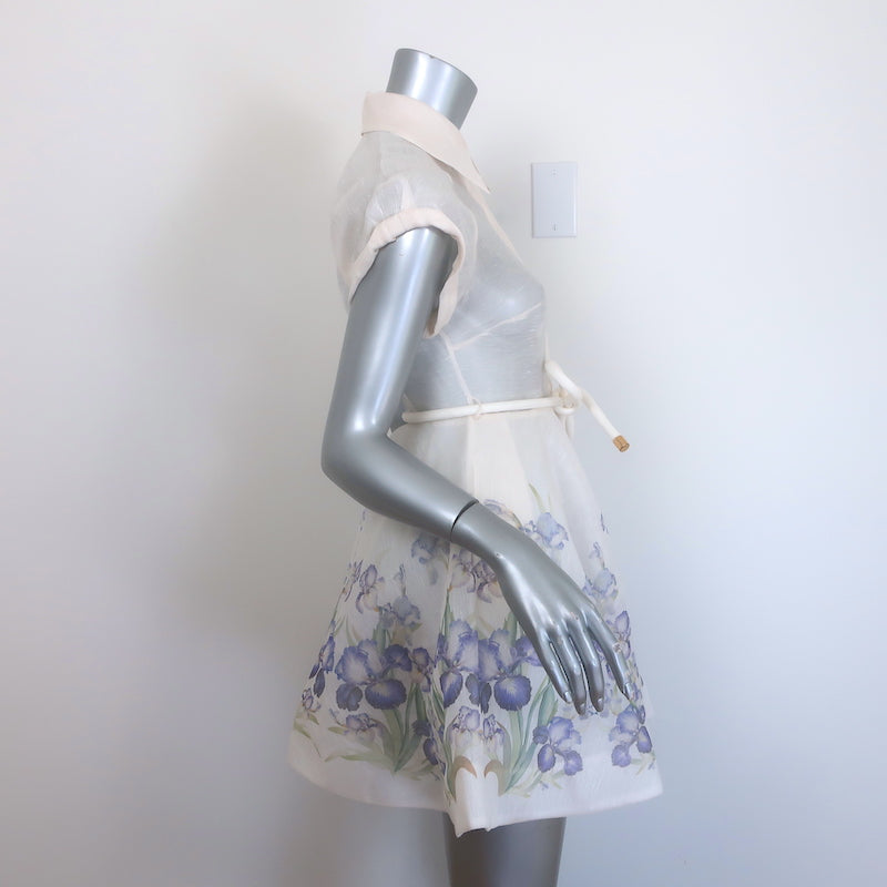 Zimmermann Natura Flip Belted Mini Dress Cream Floral Print Organza Size 0P