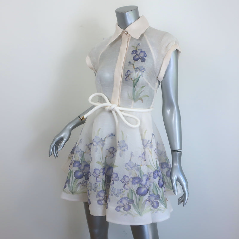 Zimmermann Natura Flip Belted Mini Dress Cream Floral Print Organza Size 0P