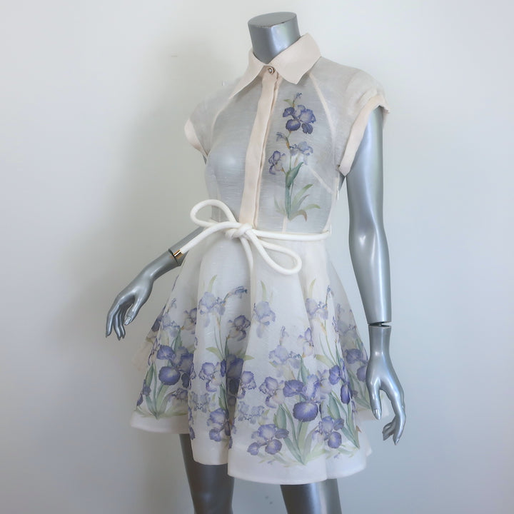 Zimmermann Natura Flip Belted Mini Dress Cream Floral Print Organza Size 0P
