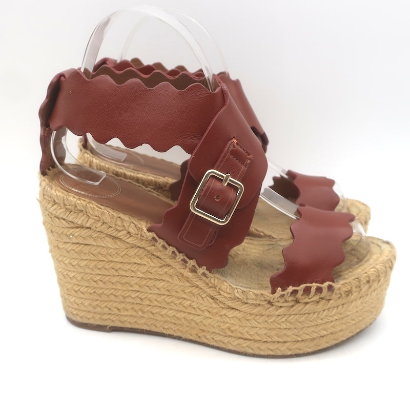 Chloe Lauren Platform Espadrille Wedge Sandals Rust Scalloped Leather Size 37