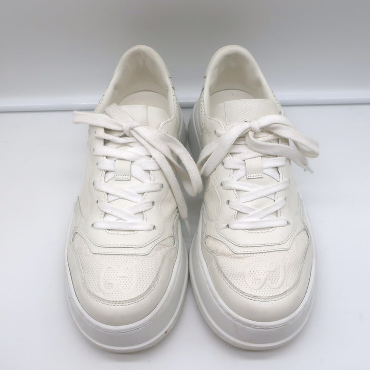 Gucci GG Embossed Low Top Sneakers White Leather Size 38.5