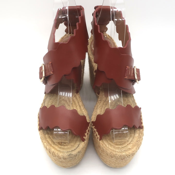 Chloe Lauren Platform Espadrille Wedge Sandals Rust Scalloped Leather Size 37
