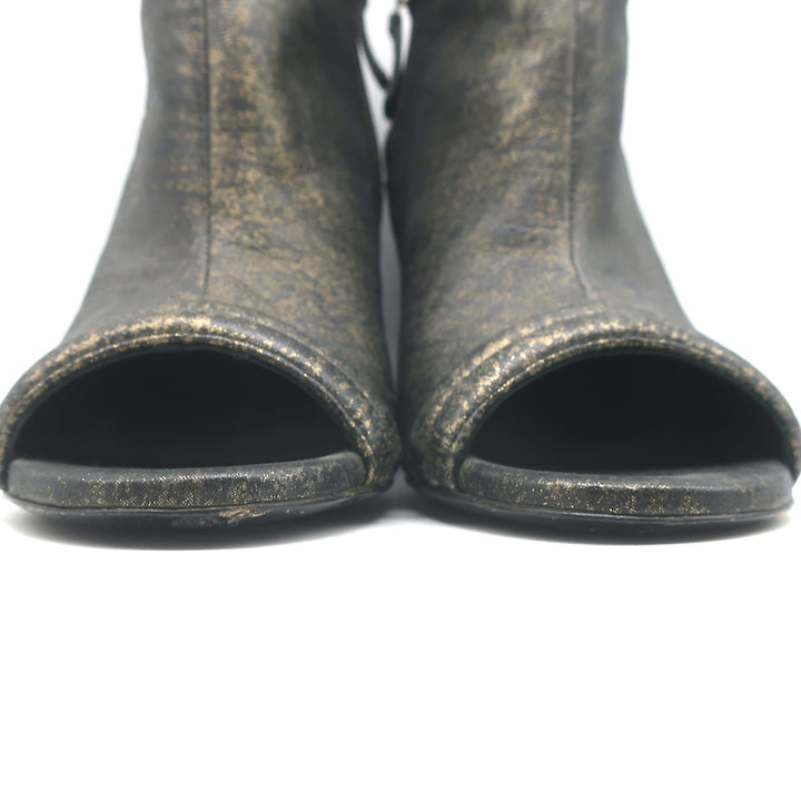 Chanel 16S Quilted Wedge Booties Black/Gold Size 36 Open Toe Ankle Boots