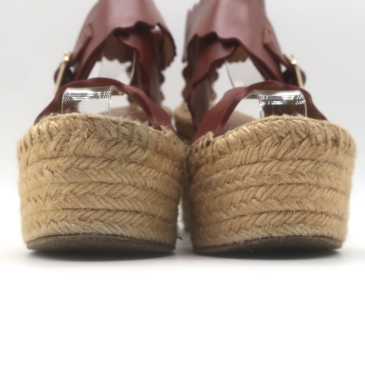 Chloe Lauren Platform Espadrille Wedge Sandals Rust Scalloped Leather Size 37