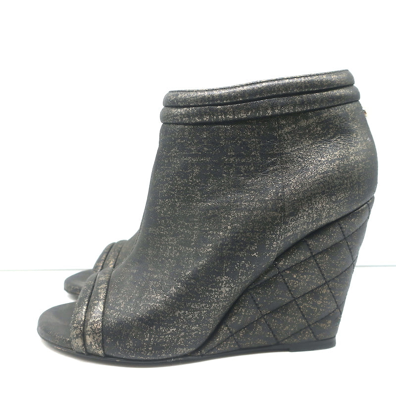 Chanel 16S Quilted Wedge Booties Black/Gold Size 36 Open Toe Ankle Boots